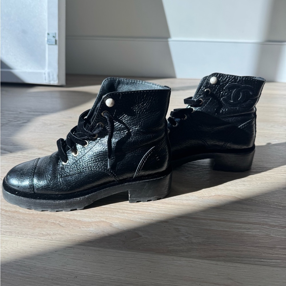 CHANEL Black Leather Combat Boots